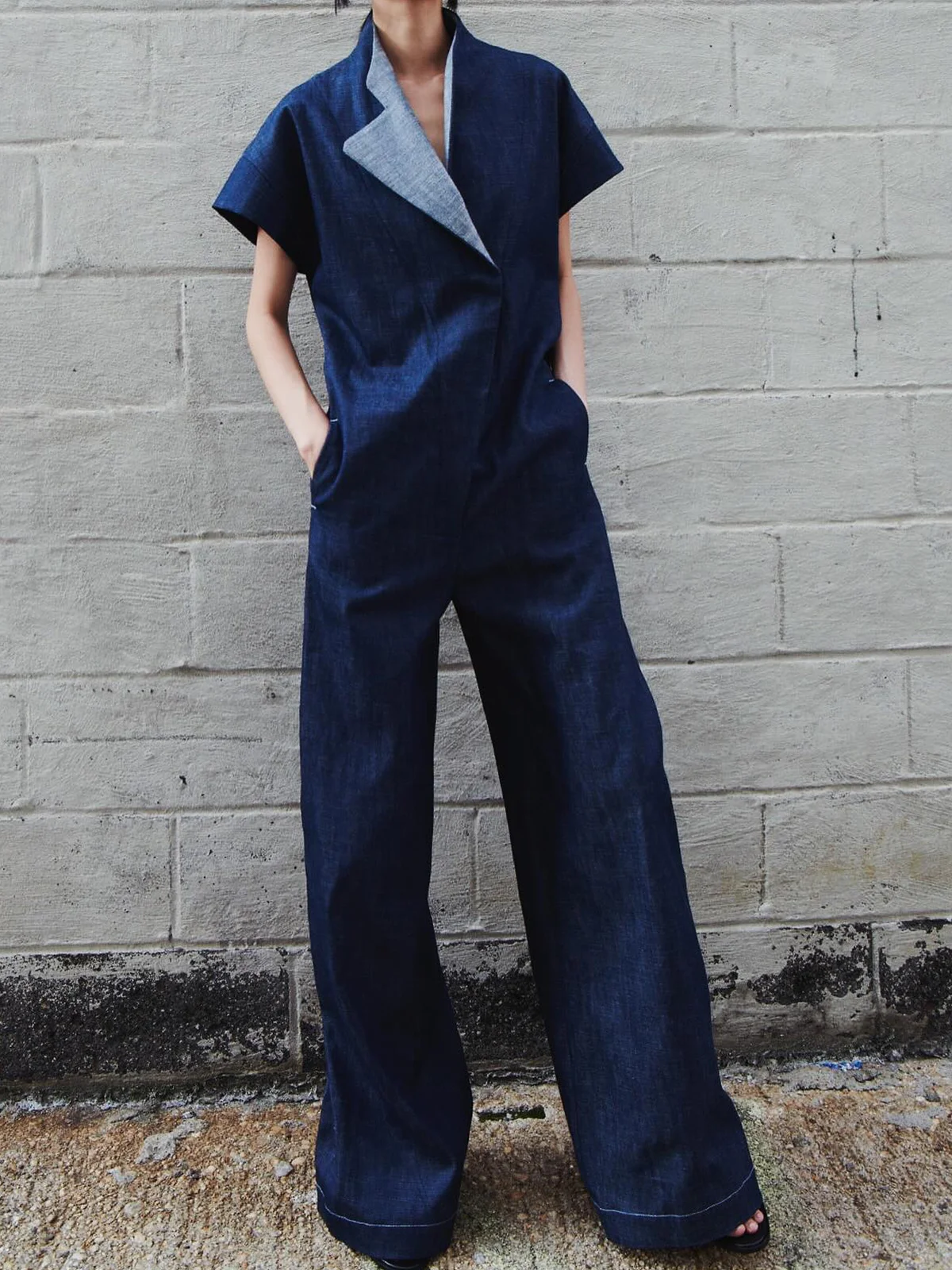 Casual Plain Shawl Collar Denim Jumpsuit