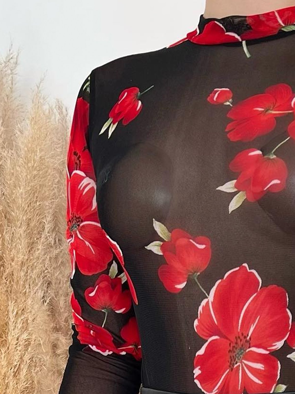 Elegant Floral Printing Stand Collar T-shirt