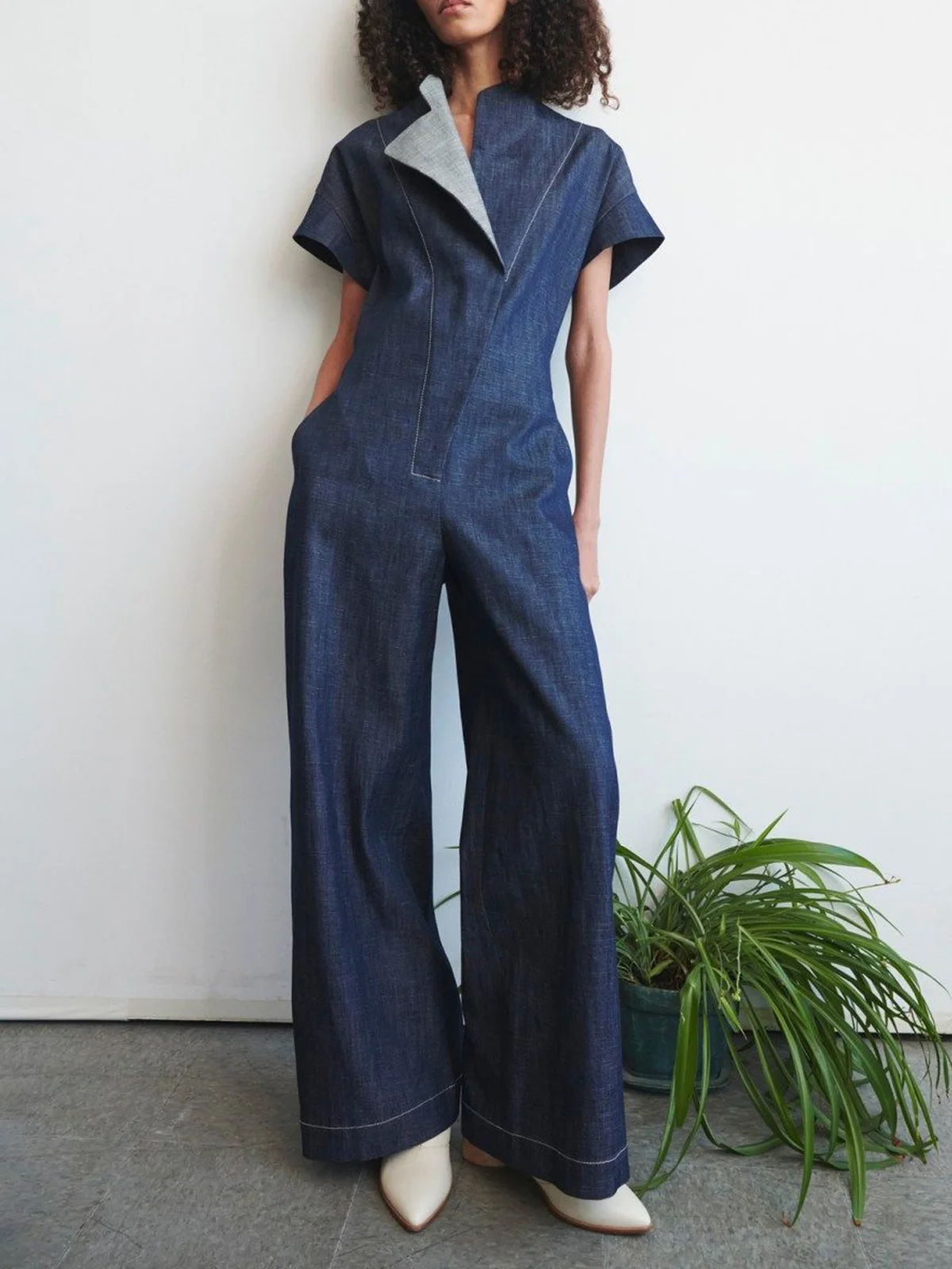 Casual Plain Shawl Collar Denim Jumpsuit