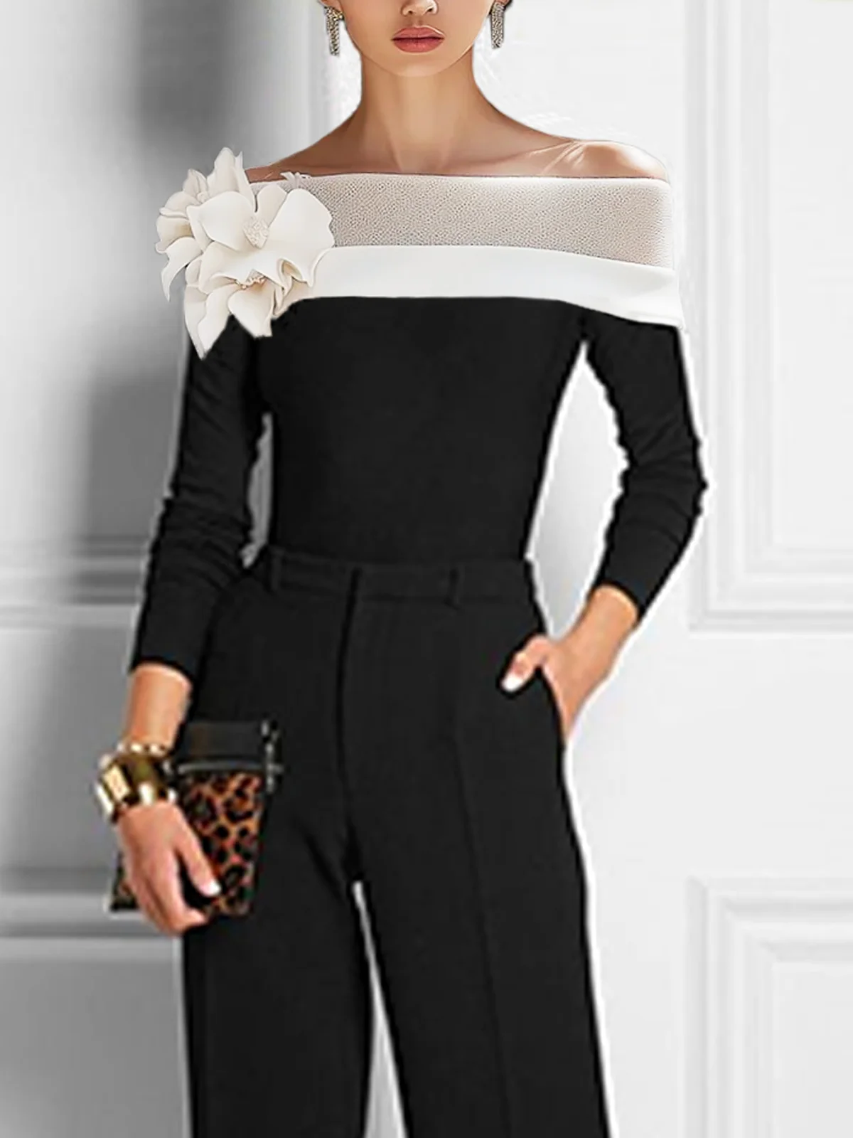 Elegant Color Block 3D Floral Cold Shoulder Blouse