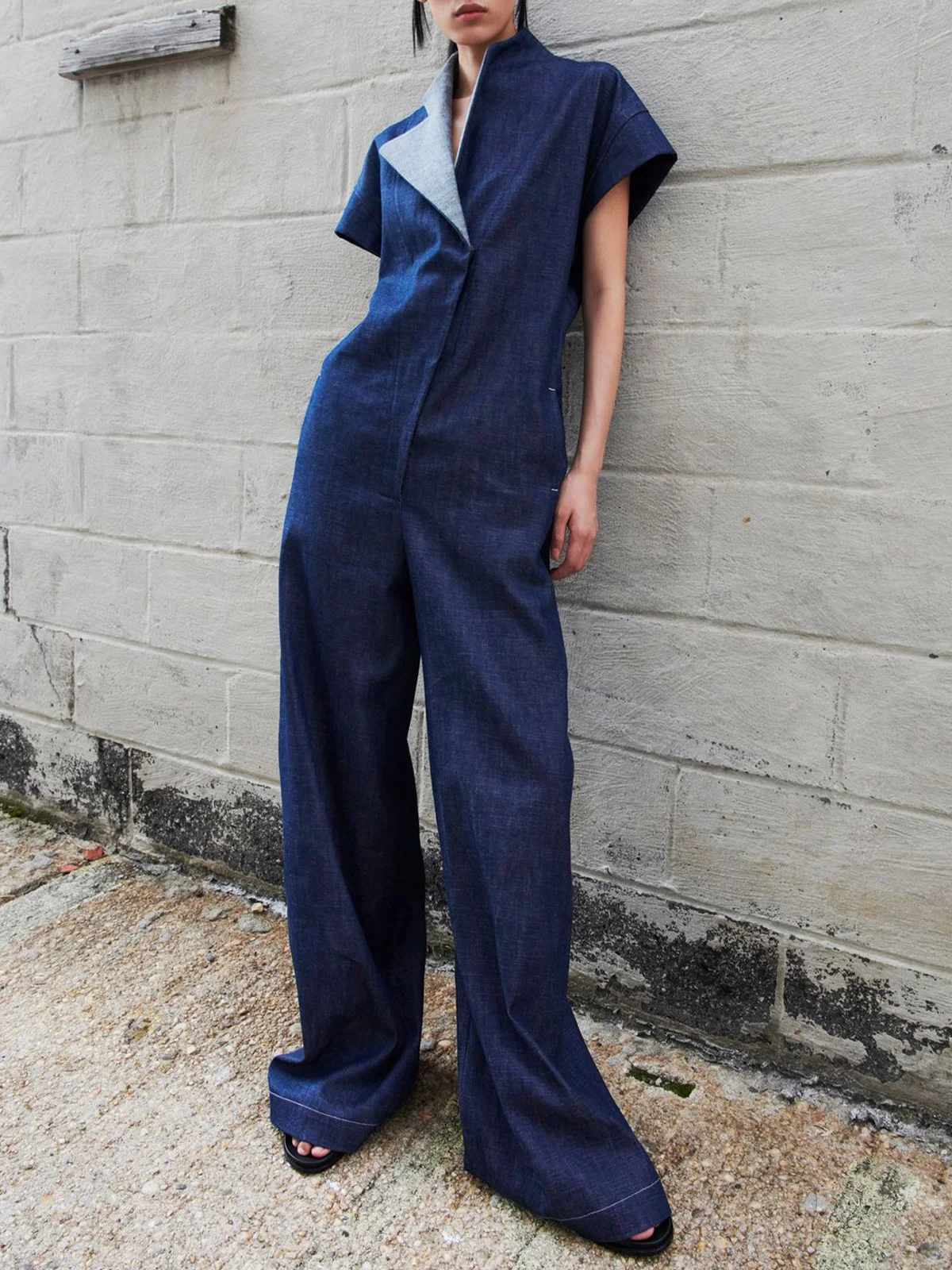 Casual Plain Shawl Collar Denim Jumpsuit