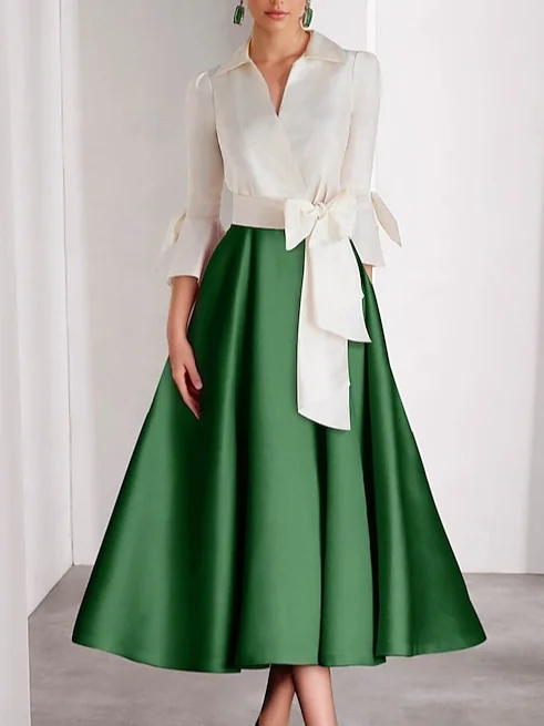 Elegant Color Block Shawl Collar Midi Party Dress With Belt