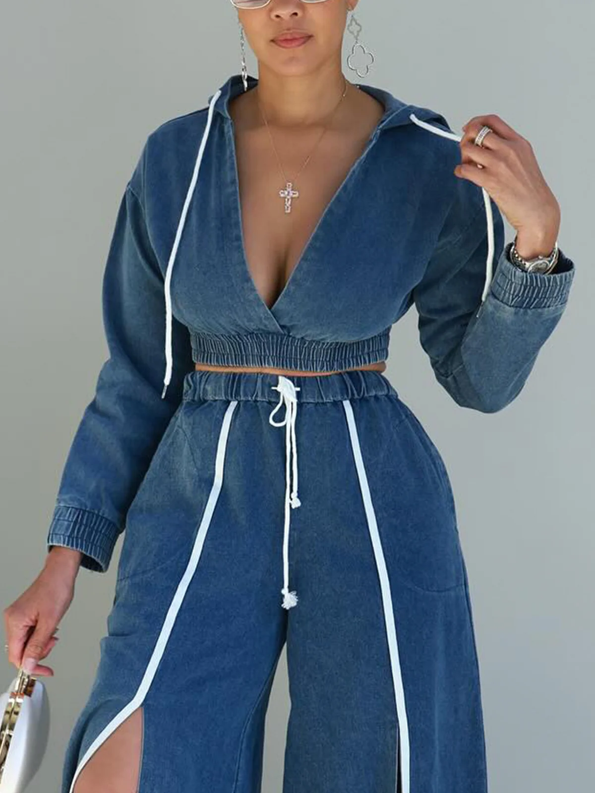 Casual Plain Hoodie Denim Top