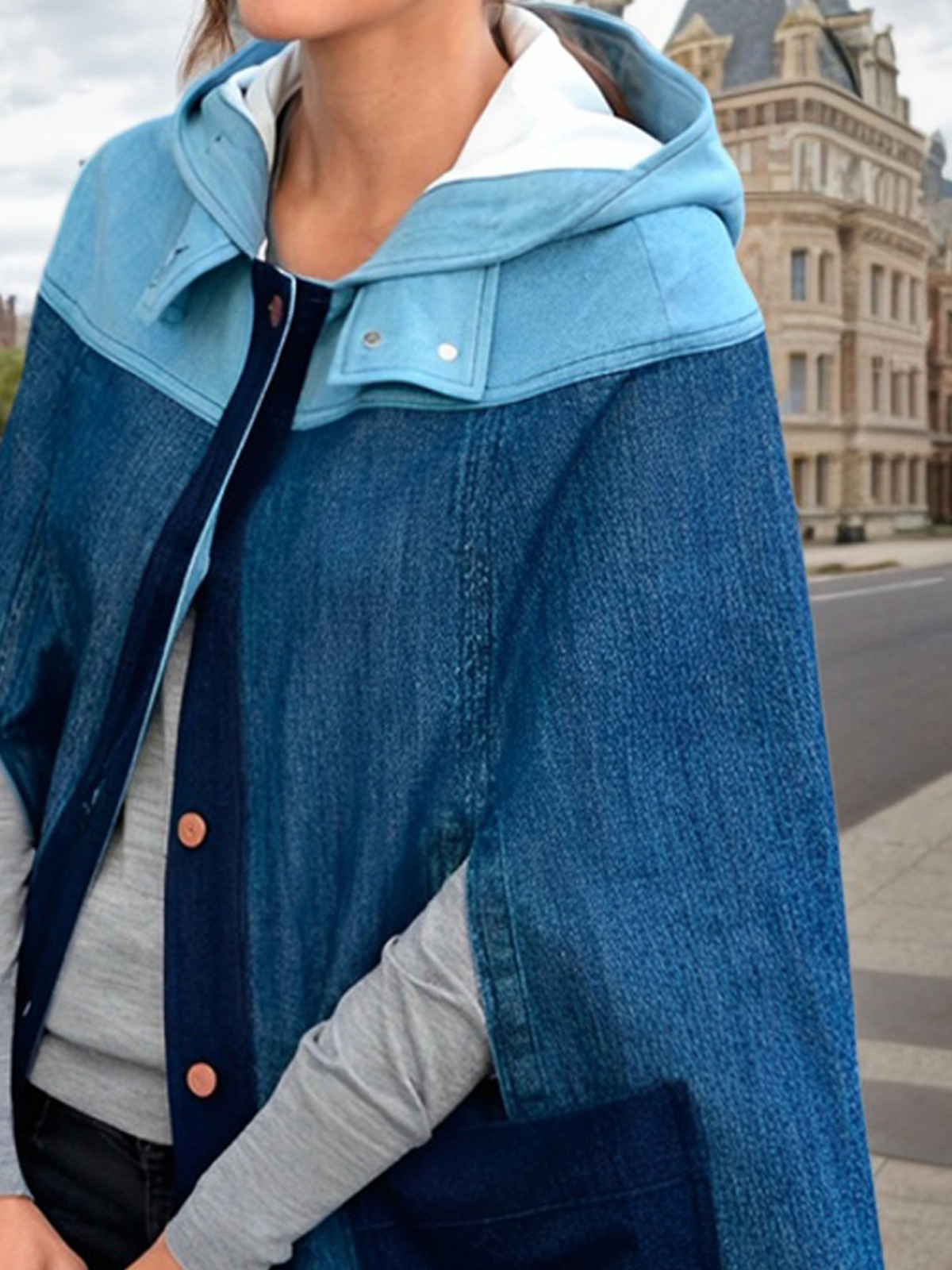 Casual Raglan Sleeve Color Block Hoodie Denim Jacket