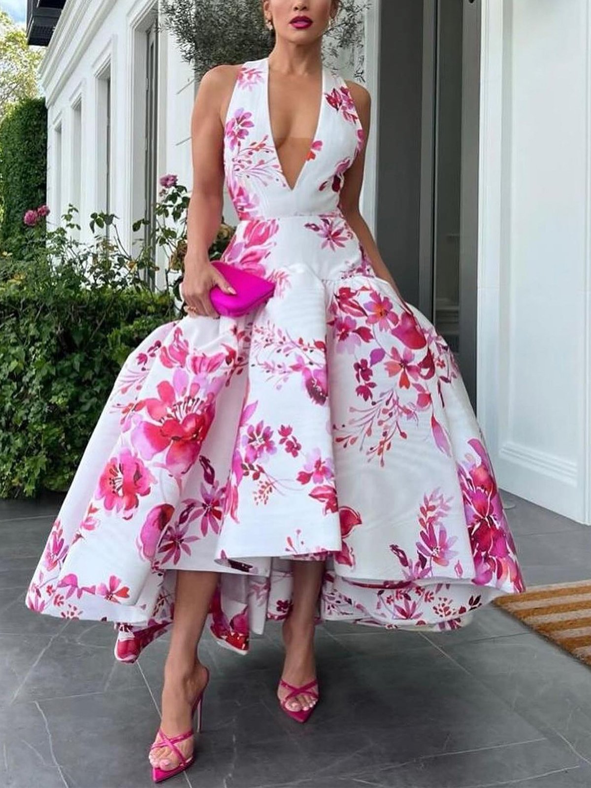 Elegant Floral V Neck Maxi Party Dress