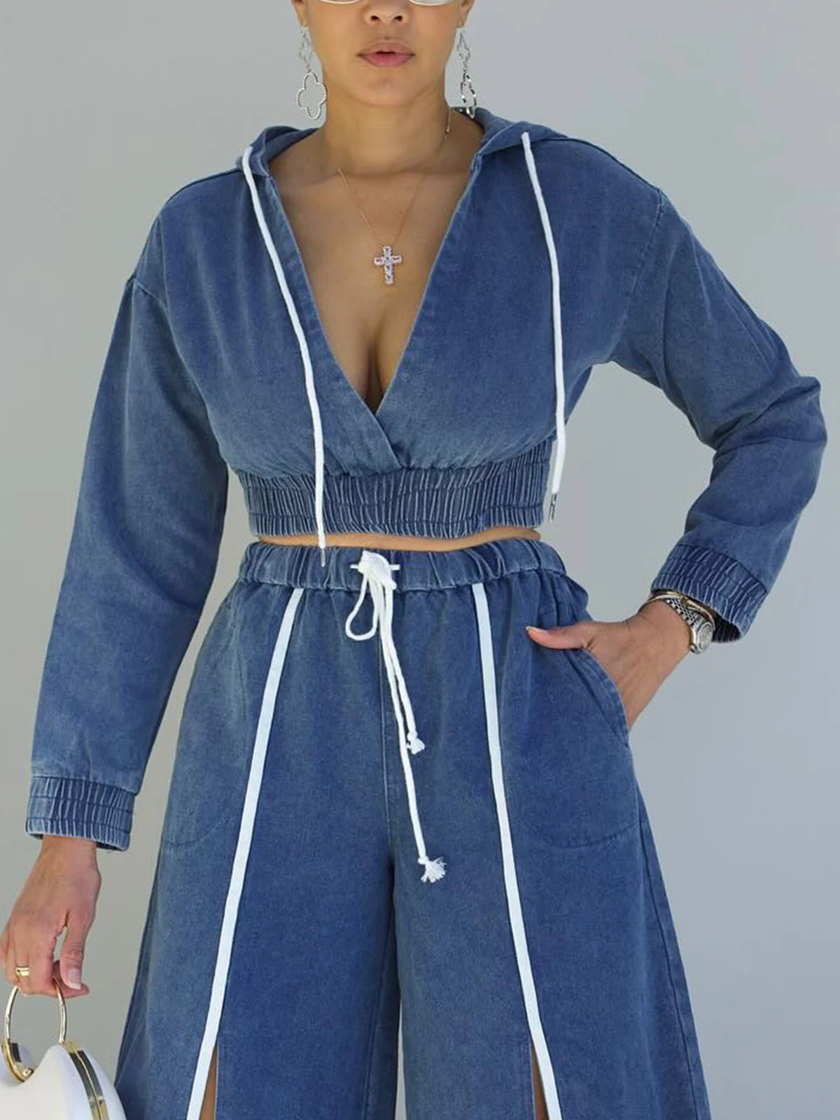 Casual Plain Hoodie Denim Top