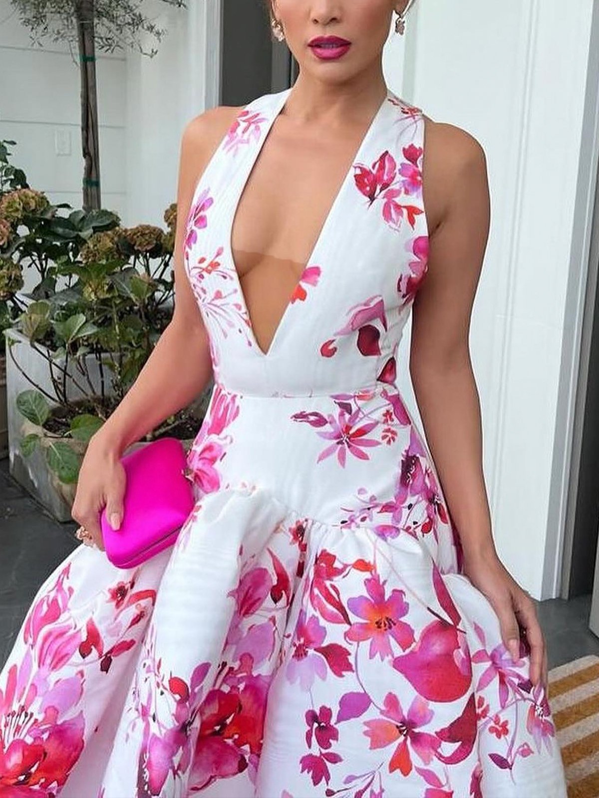 Elegant Floral V Neck Maxi Party Dress