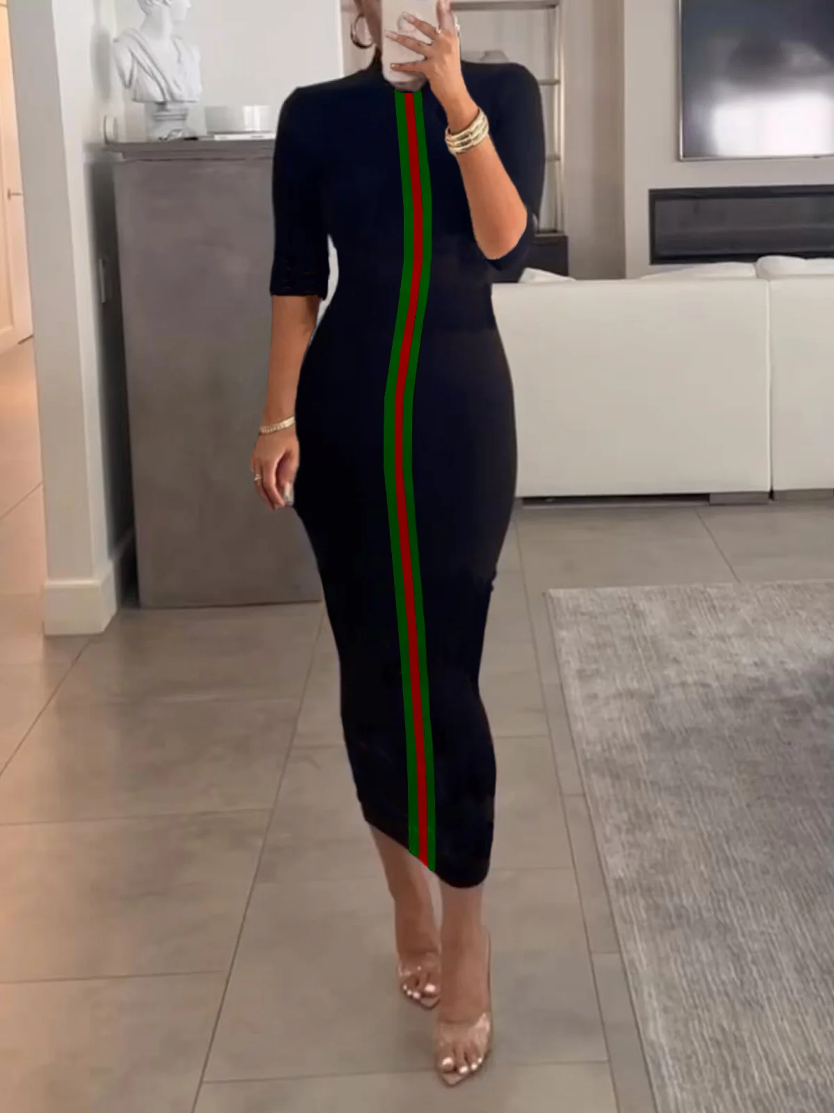 Casual Color Block Tight Crew Neck Midi Dress