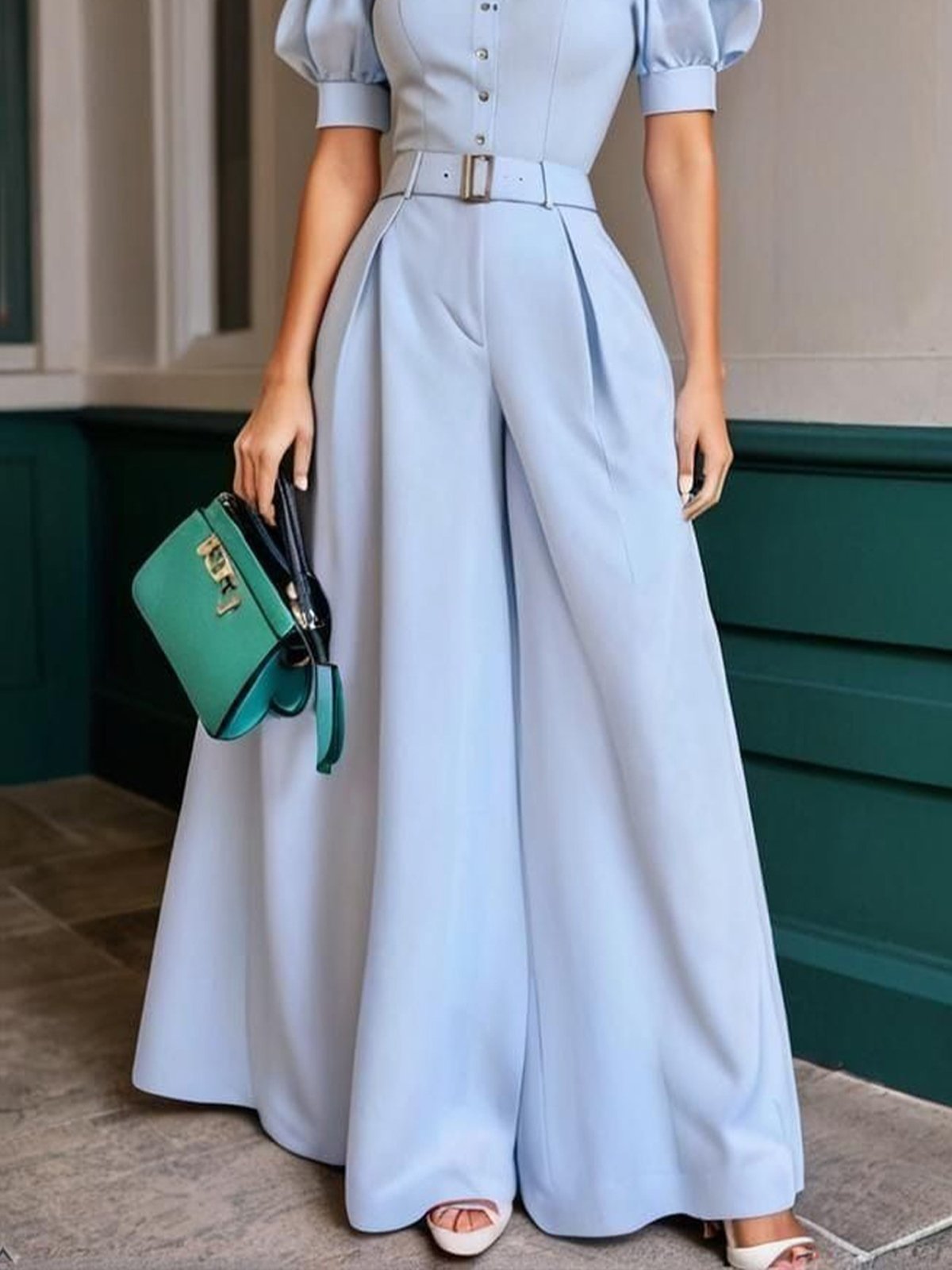 Urban Puff Sleeve Plain Shirt Jumpsuit With Belt