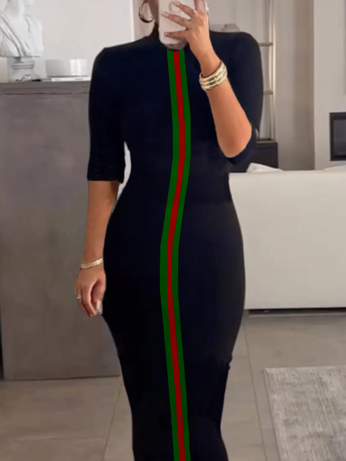 Casual Color Block Tight Crew Neck Midi Dress