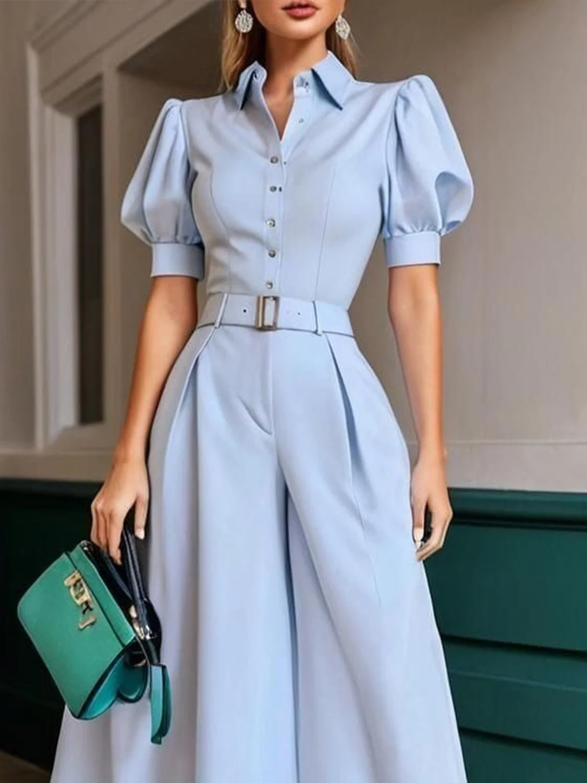 Urban Puff Sleeve Plain Shirt Jumpsuit With Belt