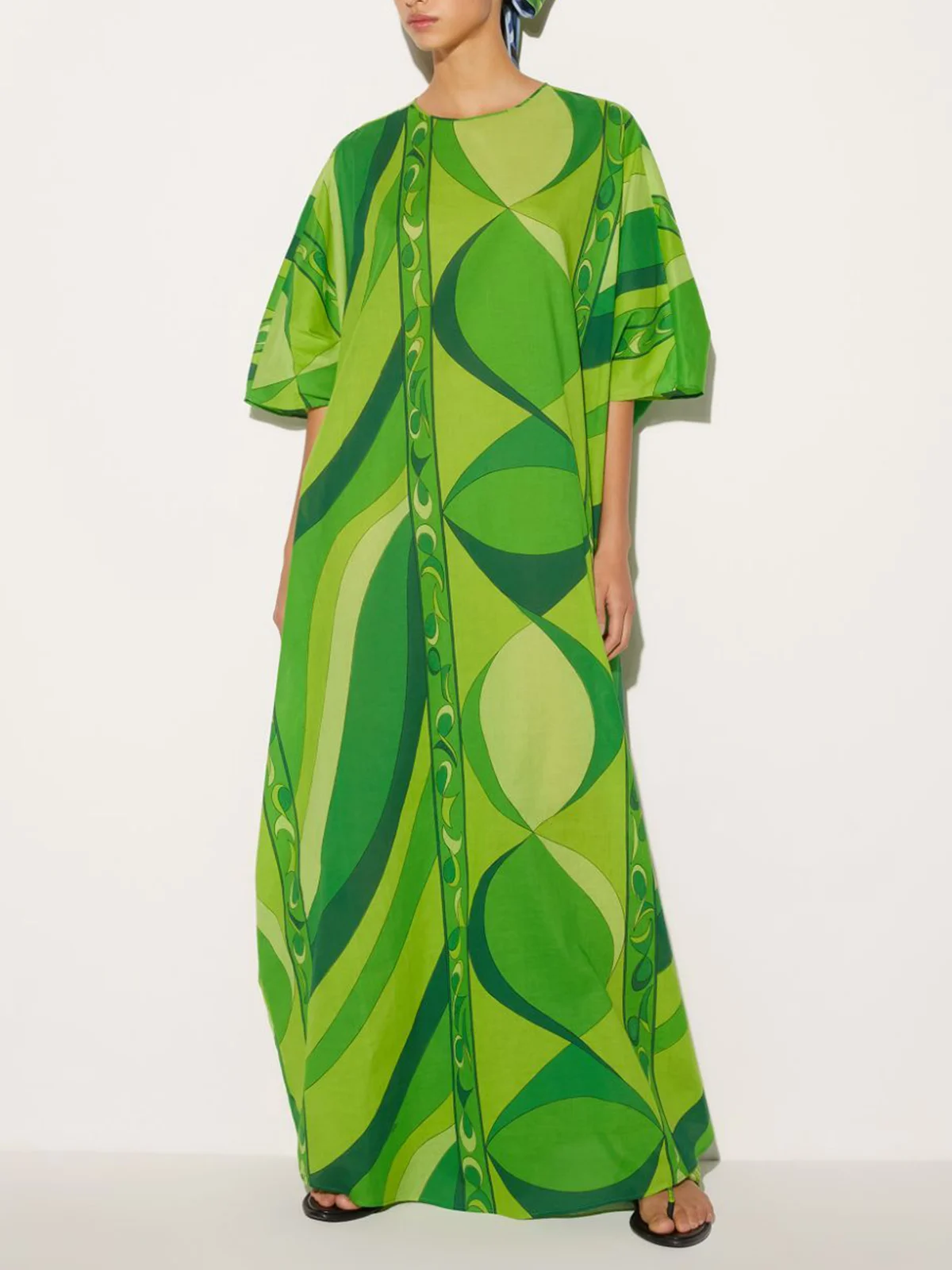 Vacation Abstract Graphic Raglan Sleeve Crew Neck Maxi Dress