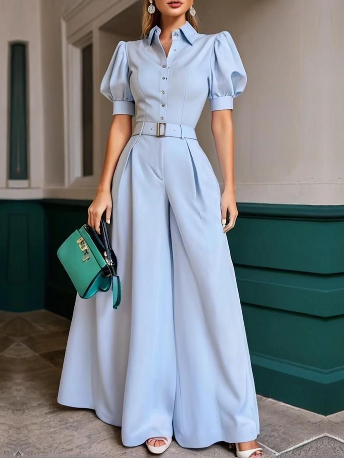 Urban Puff Sleeve Plain Shirt Jumpsuit With Belt