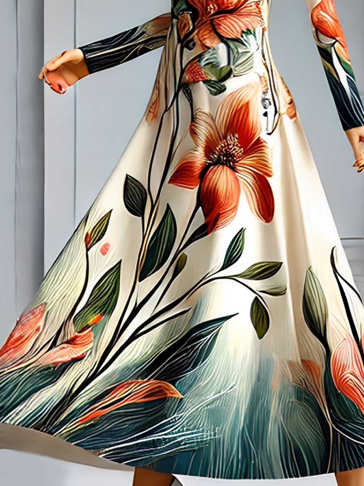 Urban Floral Printing Crew Neck Maxi Dress