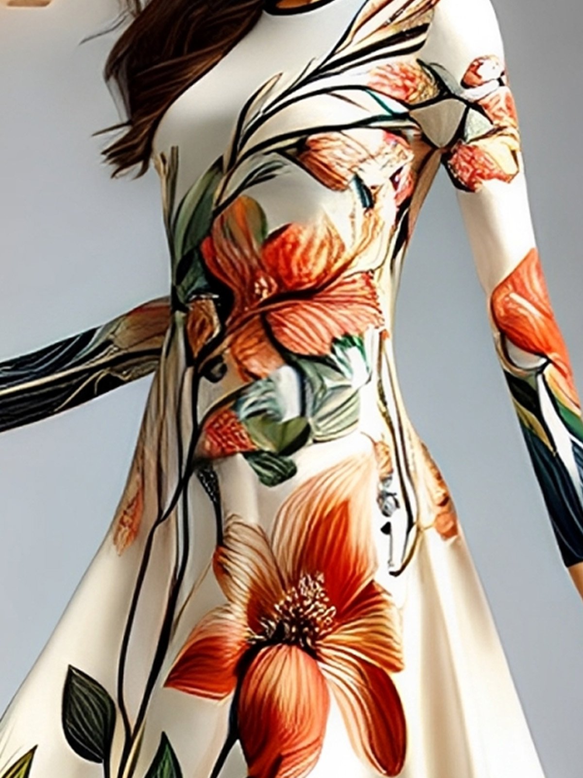 Urban Floral Printing Crew Neck Maxi Dress