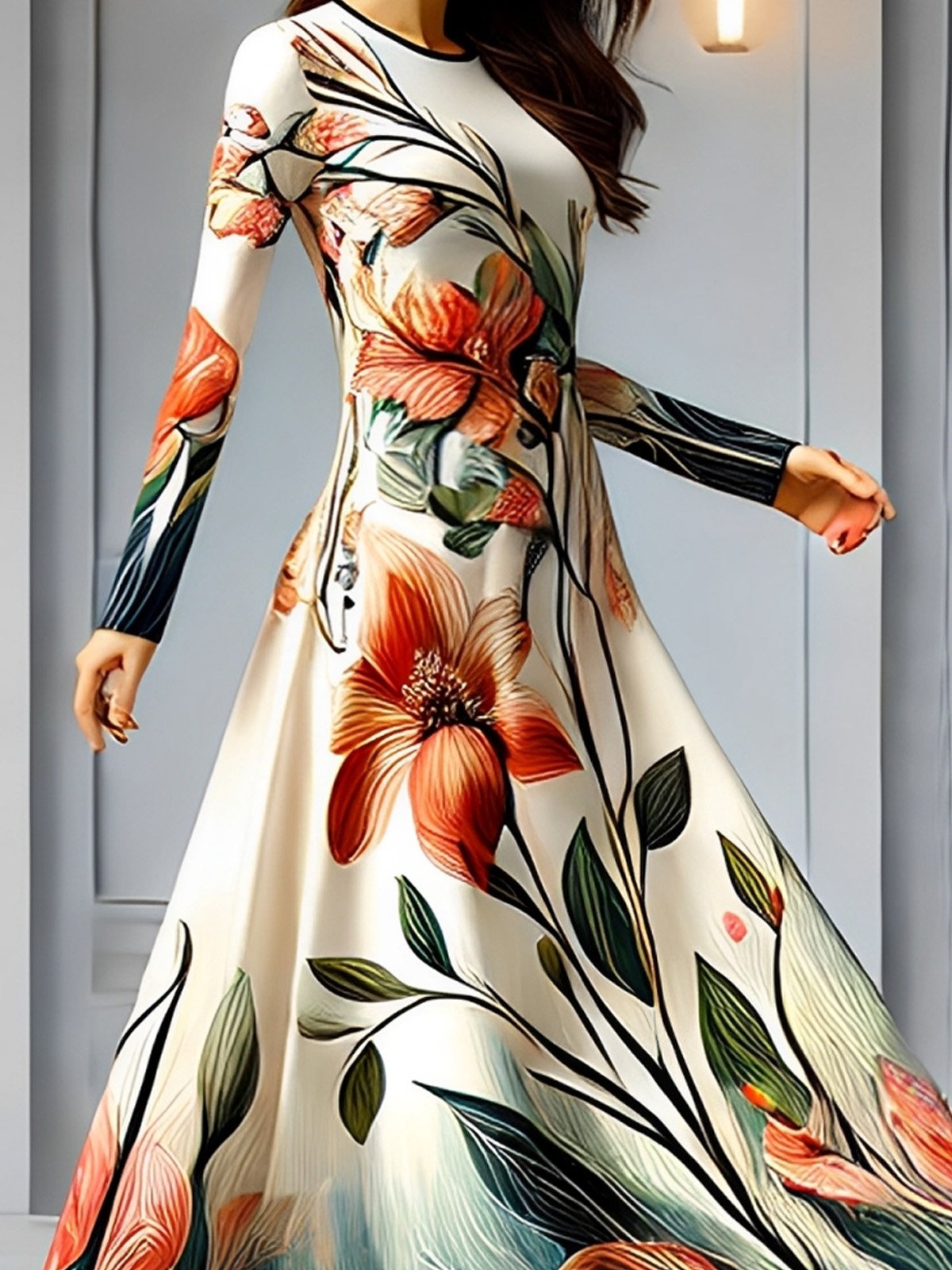 Urban Floral Printing Crew Neck Maxi Dress