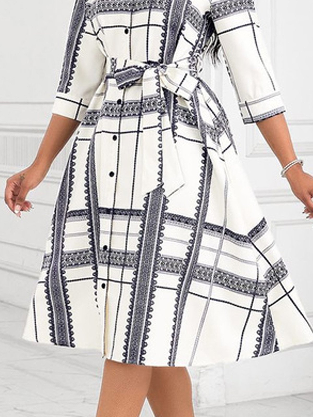 Urban Abstract Stripes Printing Shirt Collar Midi Dress With Belt