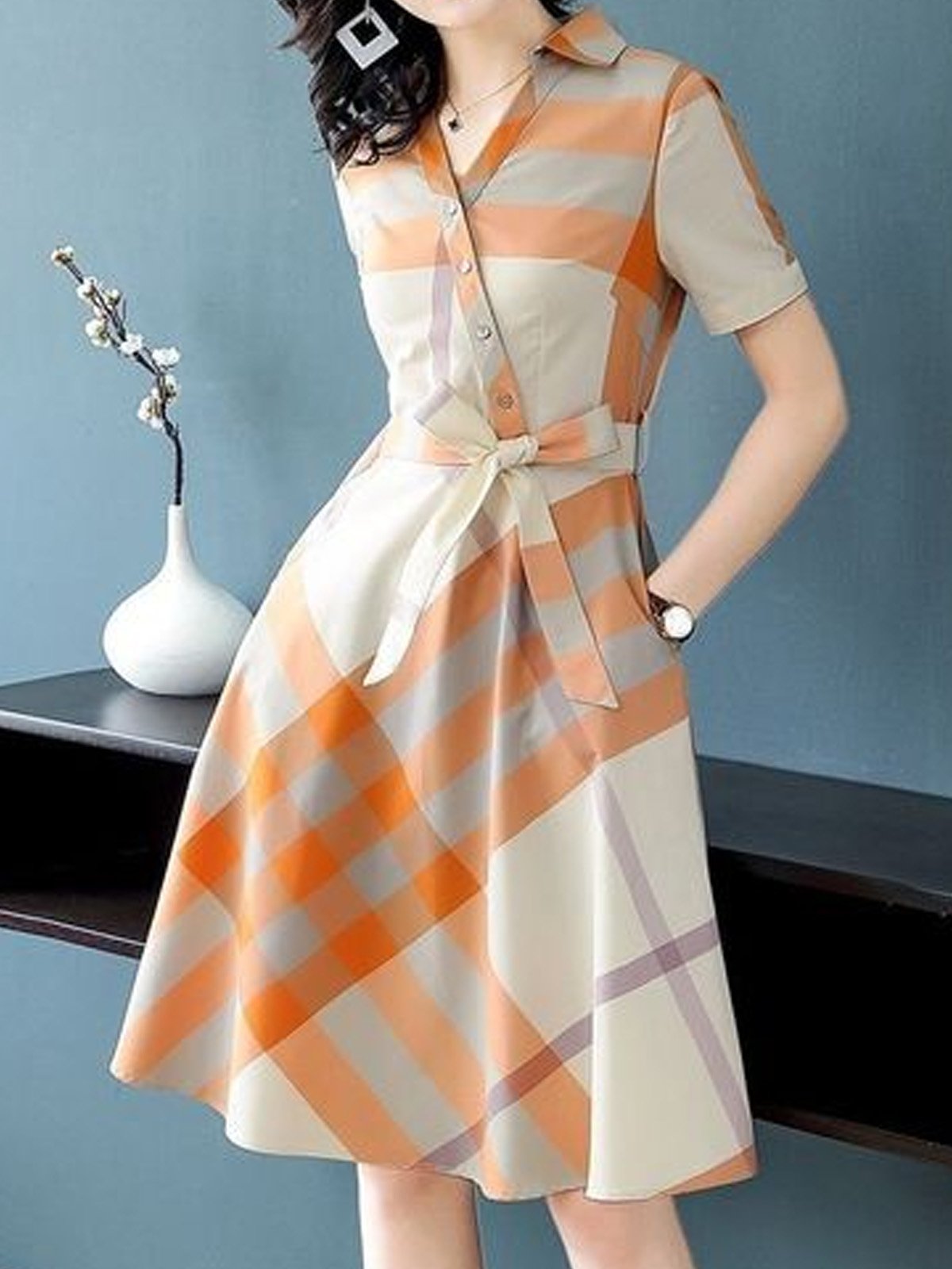 Urban Plaid Printing V Neck Knee Length Dress With Belt