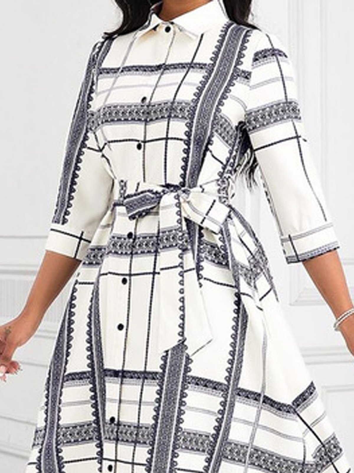 Urban Abstract Stripes Printing Shirt Collar Midi Dress With Belt