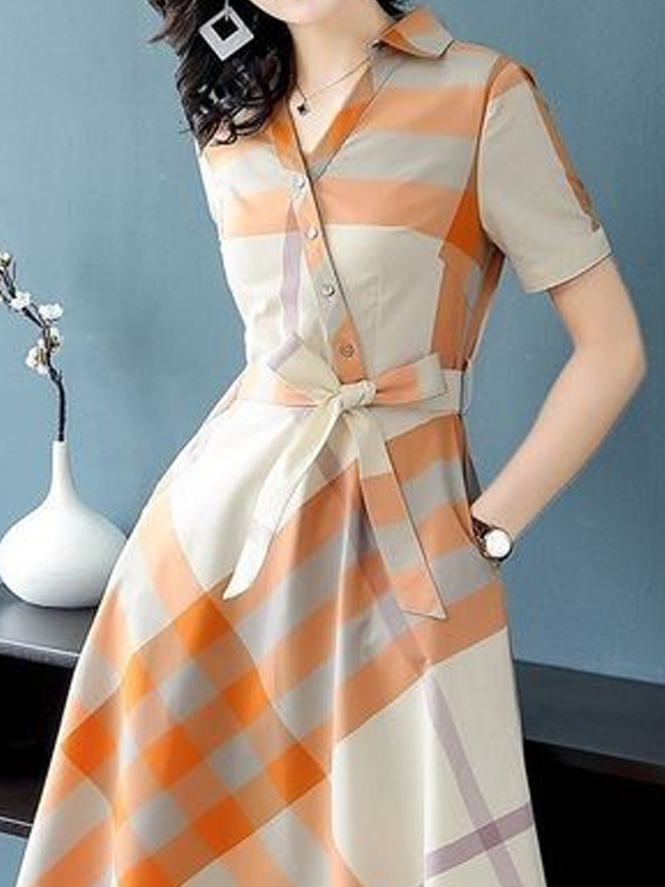 Urban Plaid Printing V Neck Knee Length Dress With Belt