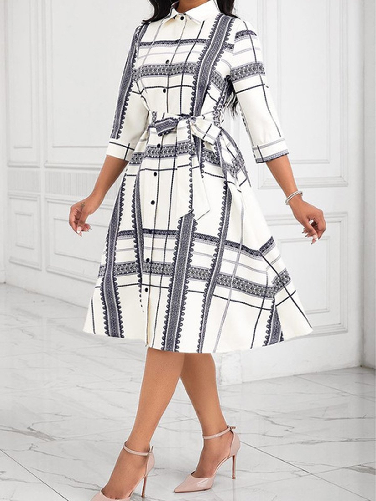 Urban Abstract Stripes Printing Shirt Collar Midi Dress With Belt