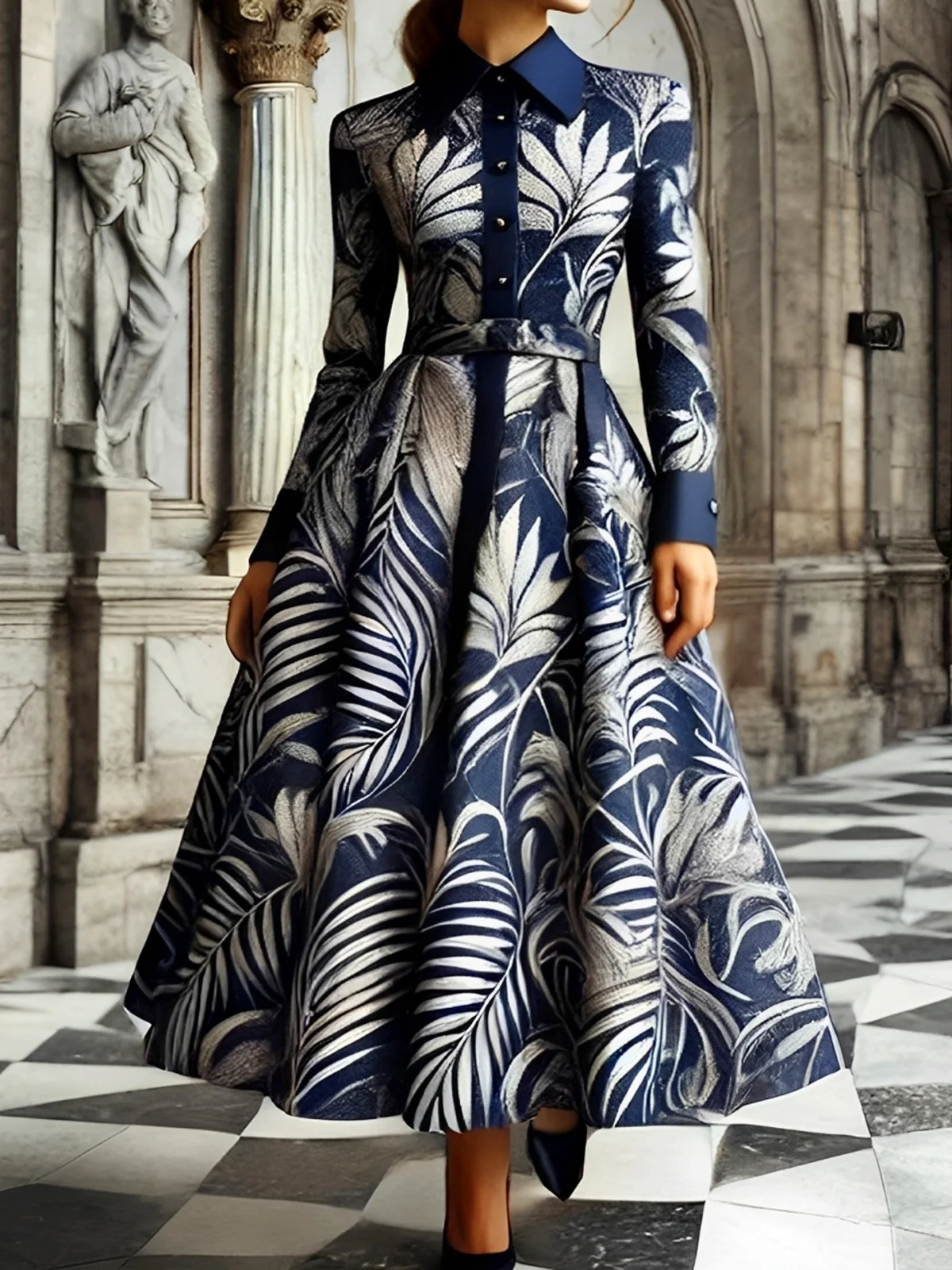 Urban Plants Printing Shawl Collar Maxi Dress