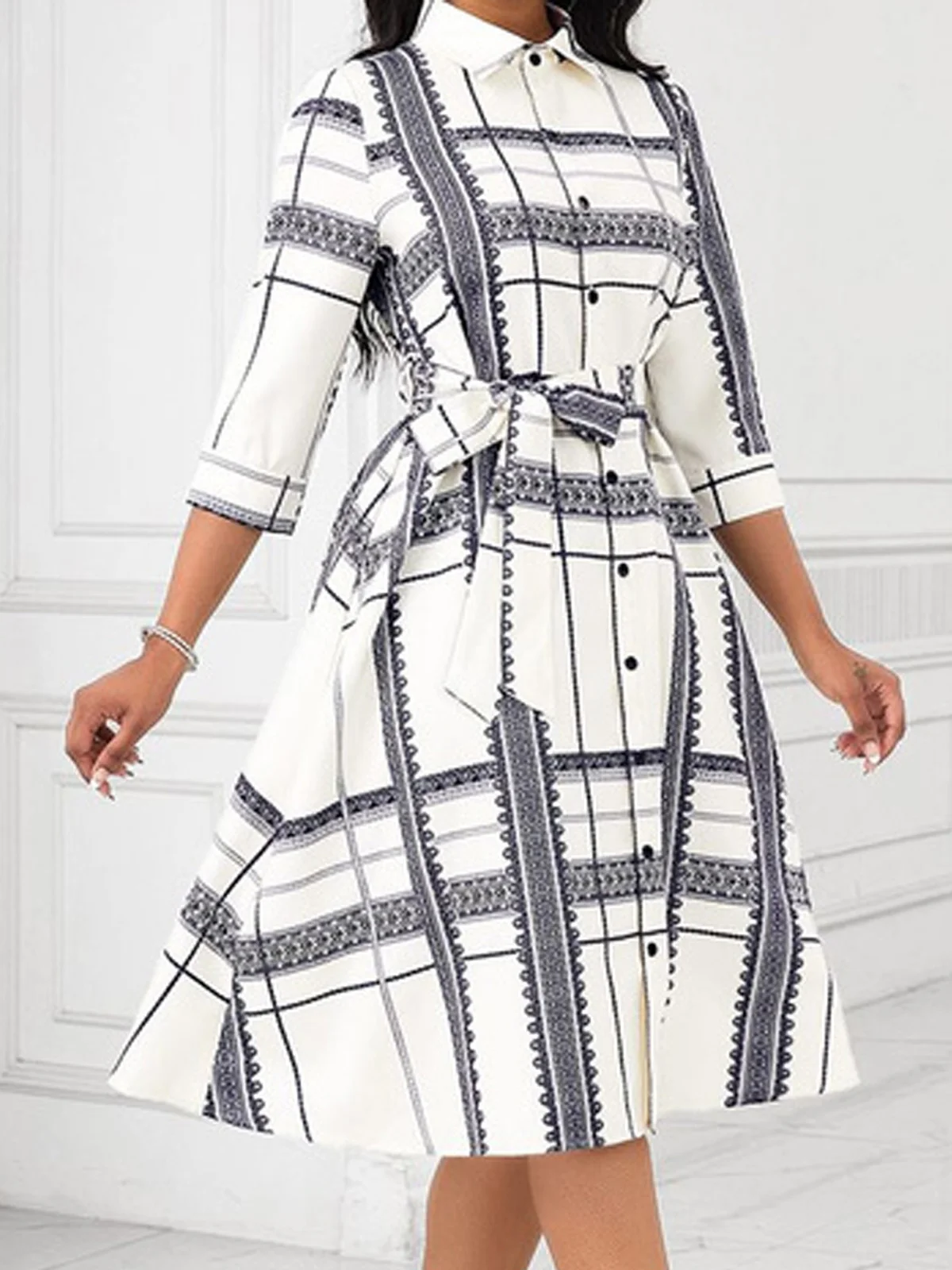 Urban Abstract Stripes Printing Shirt Collar Midi Dress With Belt