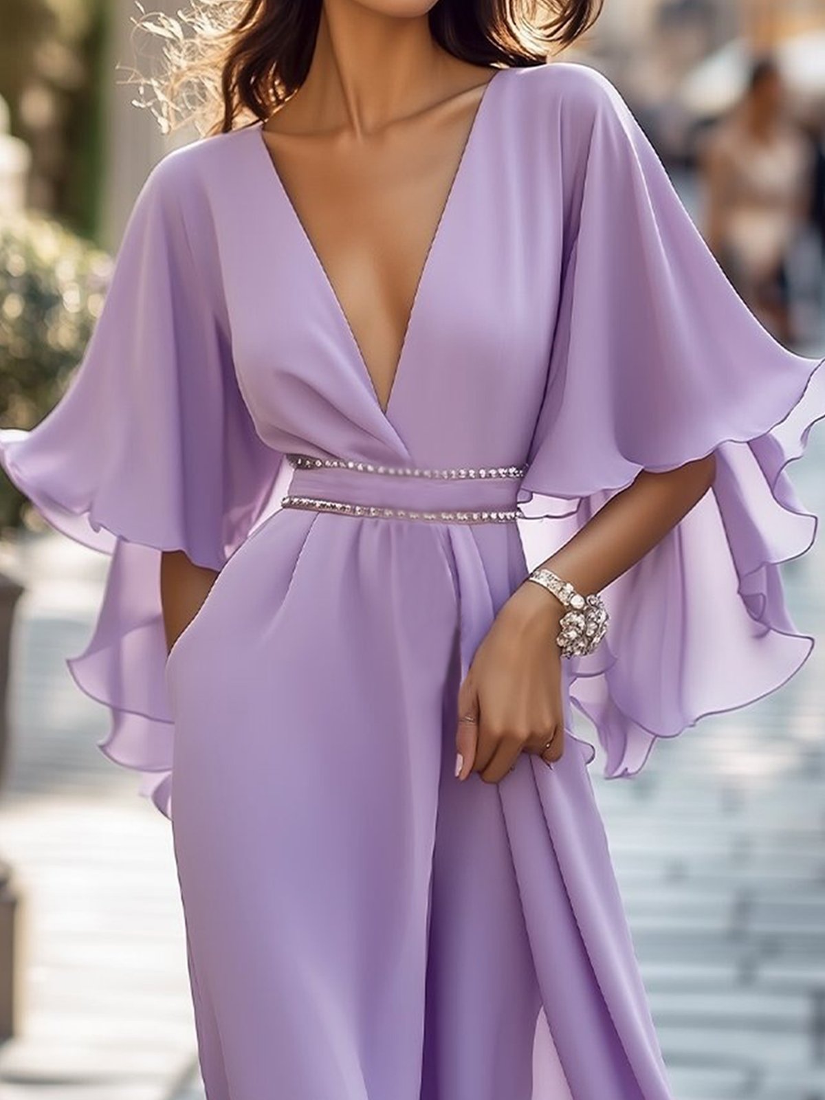 Elegant Plain Bell Sleeve V Neck Midi Dress