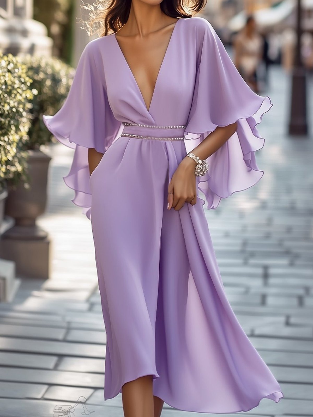 Elegant Plain Bell Sleeve V Neck Midi Dress