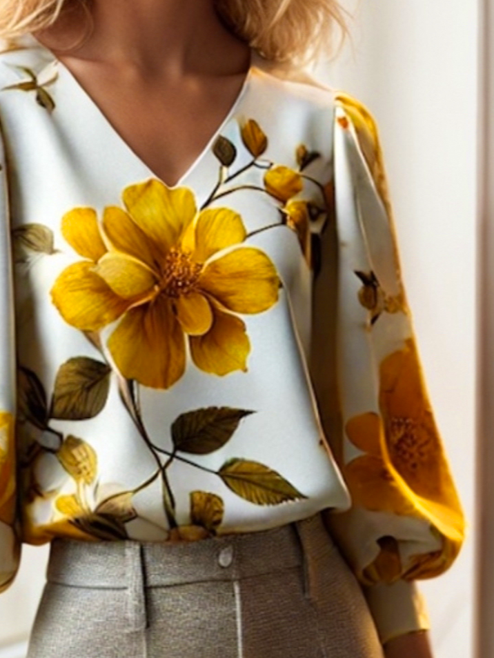 Elegant Floral Printing Balloon Sleeve Blouse