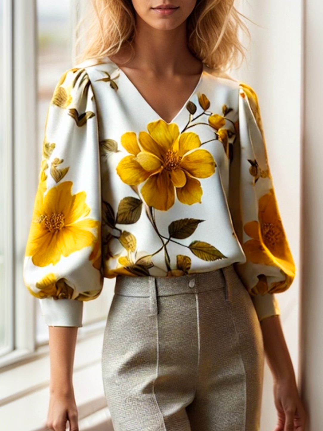 Elegant Floral Printing Balloon Sleeve Blouse