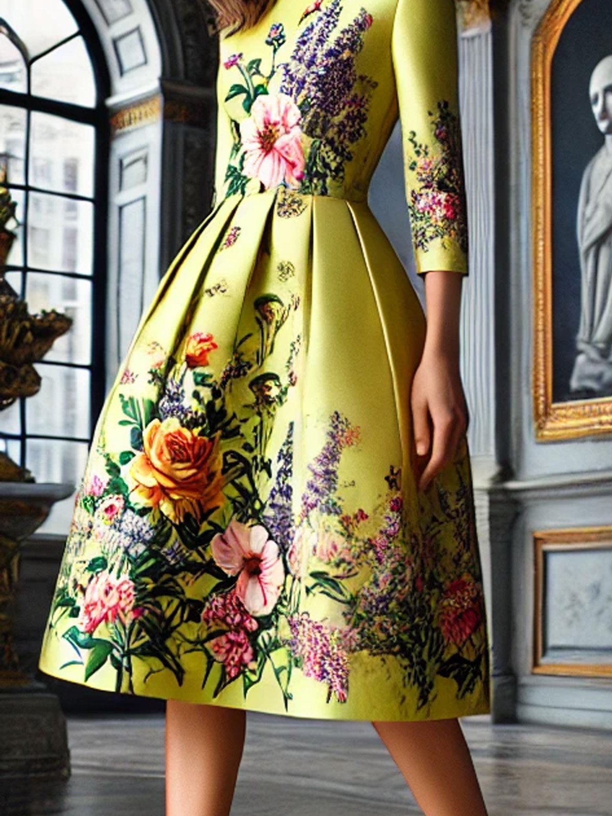 Elegant Floral Printing Crew Neck Midi Dress