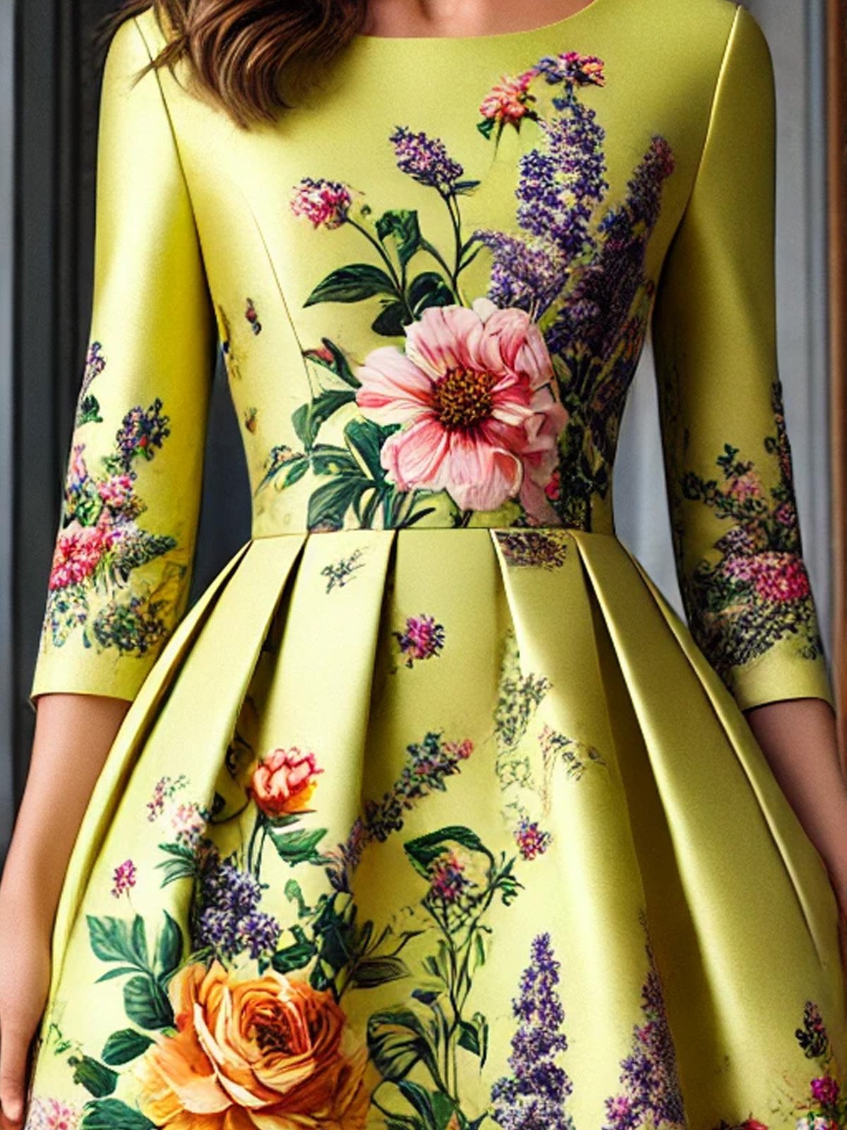 Elegant Floral Printing Crew Neck Midi Dress