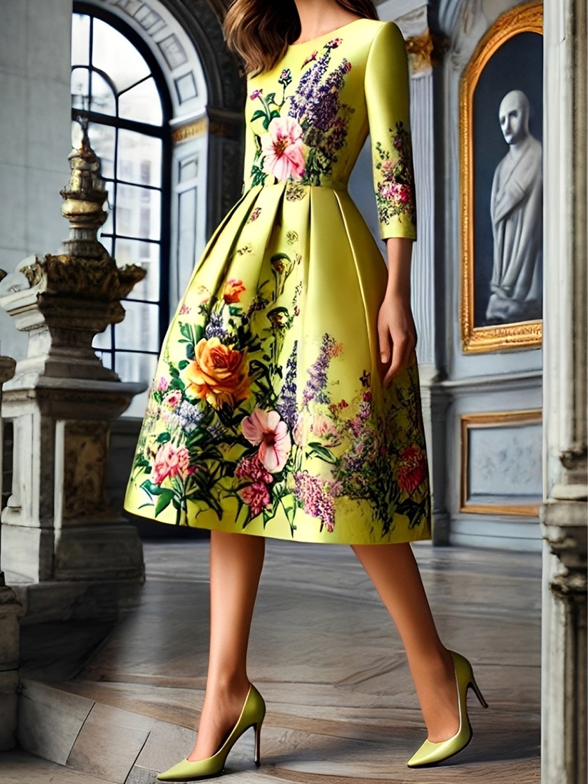 Elegant Floral Printing Crew Neck Midi Dress