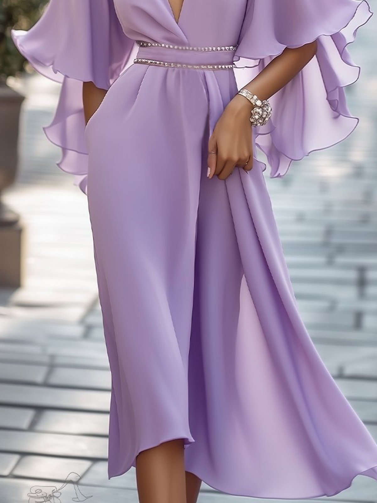 Elegant Plain Bell Sleeve V Neck Midi Dress