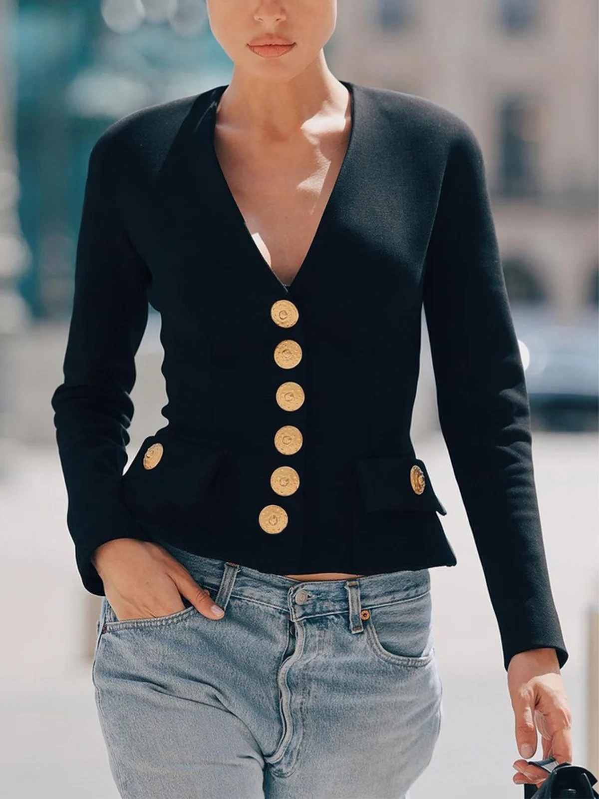 Urban BUttoned Plain V Neck Jacket