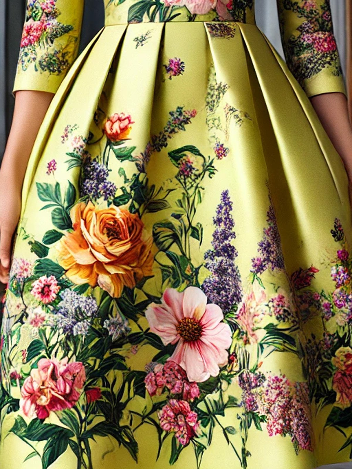 Elegant Floral Printing Crew Neck Midi Dress