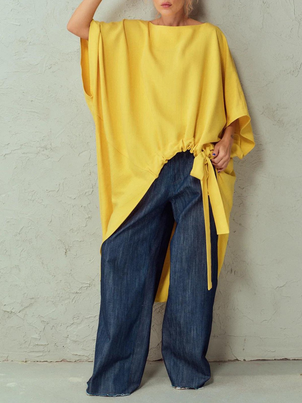 Casual Plain Loose Drawstring Crew Neck Blouse