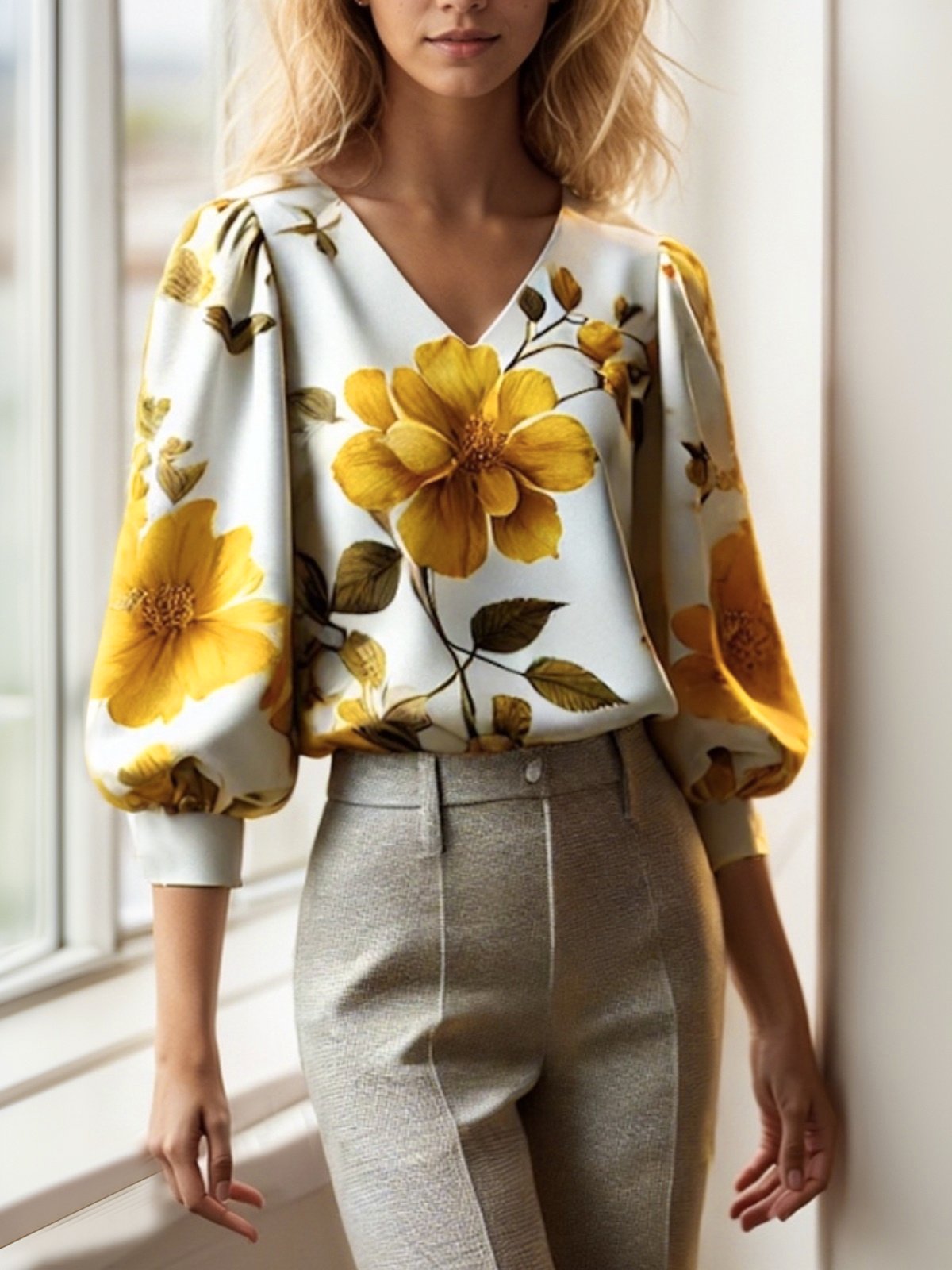 Elegant Floral Printing Balloon Sleeve Blouse