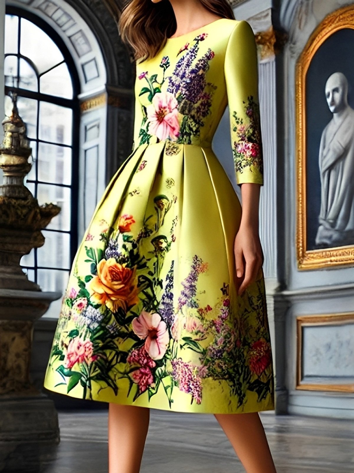 Elegant Floral Printing Crew Neck Midi Dress