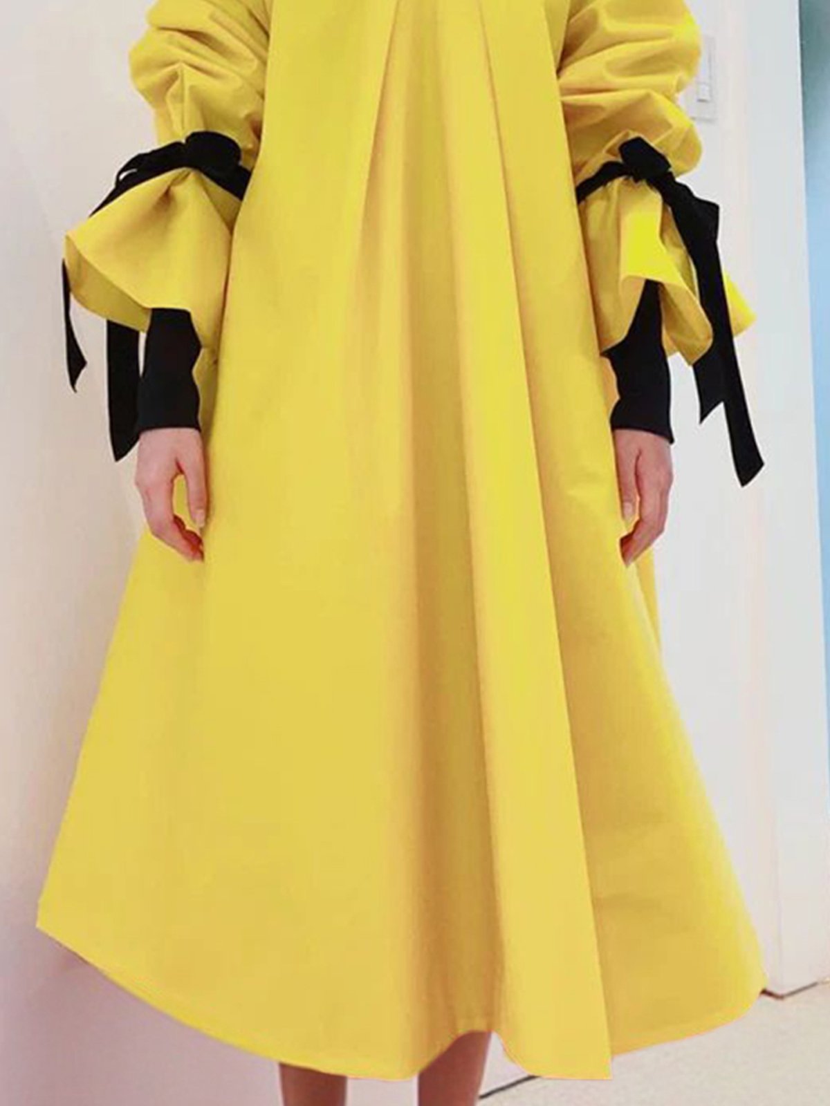 Casual Color Block Puff Sleeve Stand Collar Maxi Dress