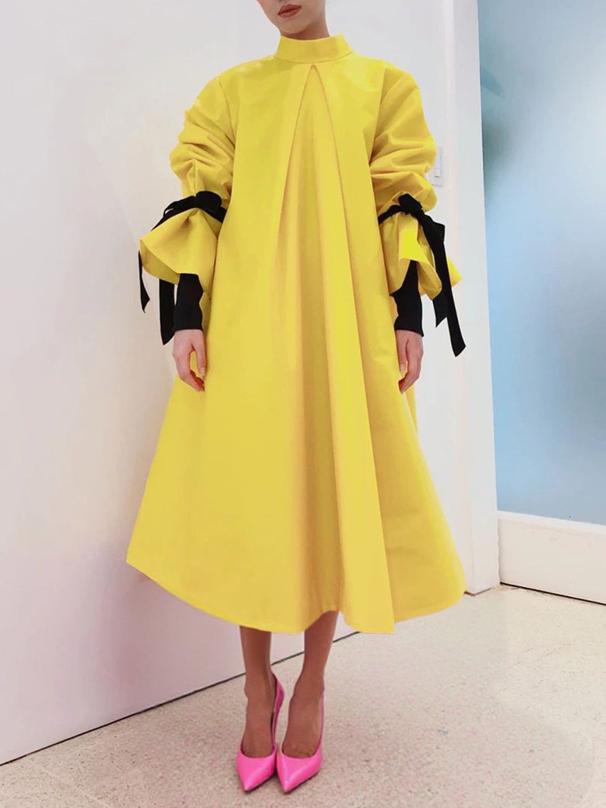 Casual Color Block Puff Sleeve Stand Collar Maxi Dress