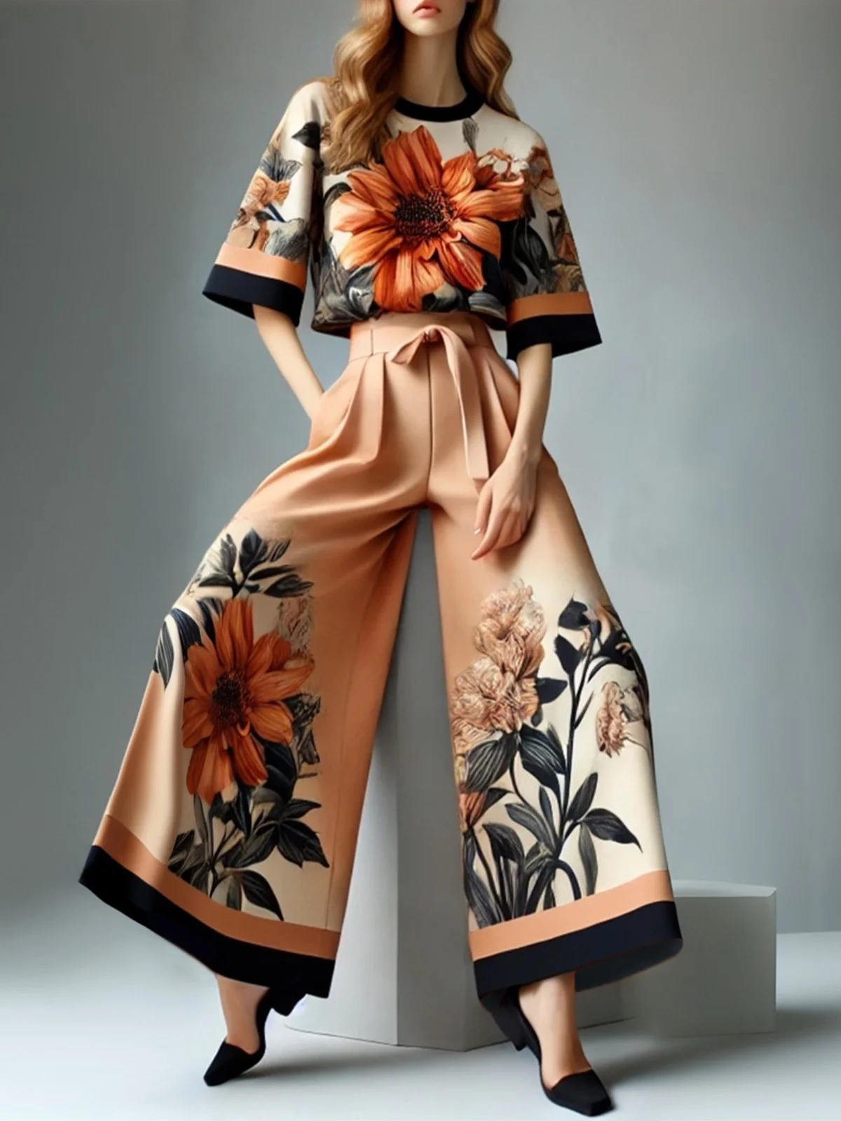 Casual Floral Loosen Wide Leg Pants