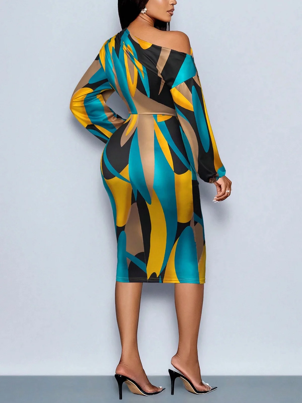 Vacation Abstract Graphic Balloon Sleeve  Midi Dress