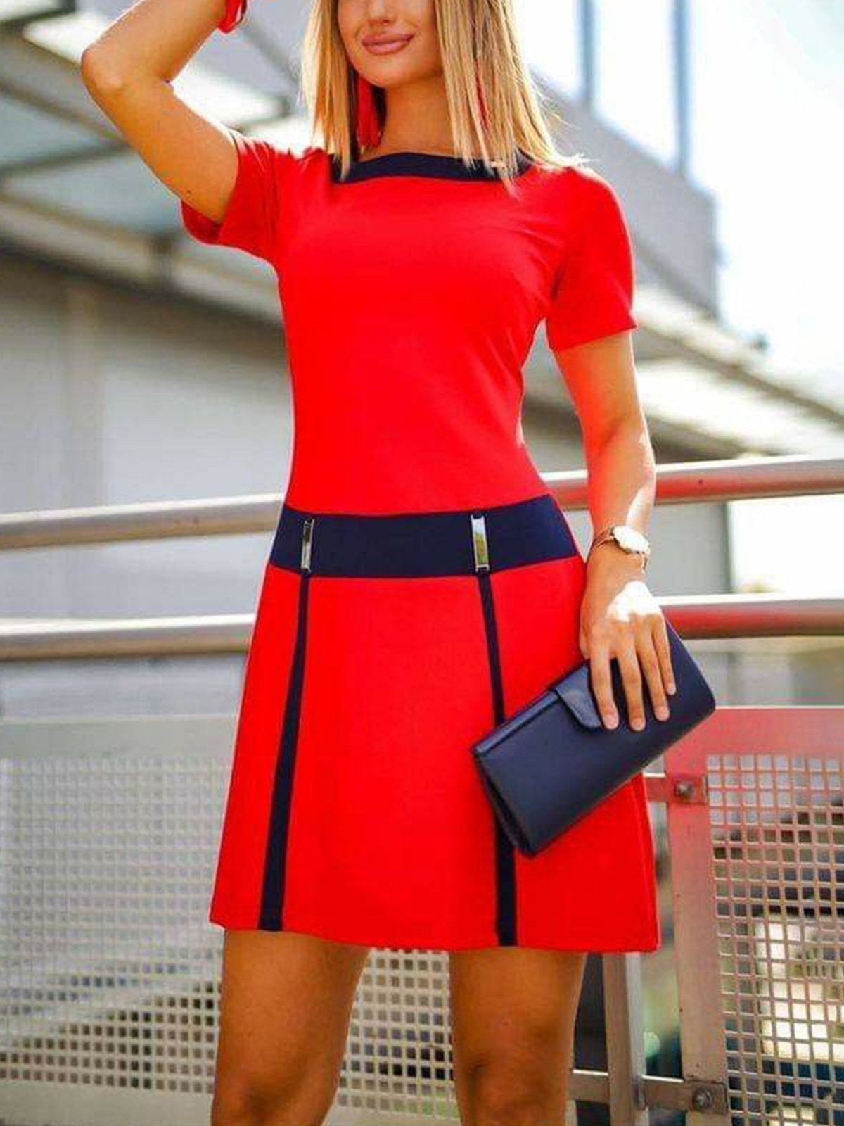 Urban Color Block Short Sleeve Split Joint Crew Neck Mini Dress