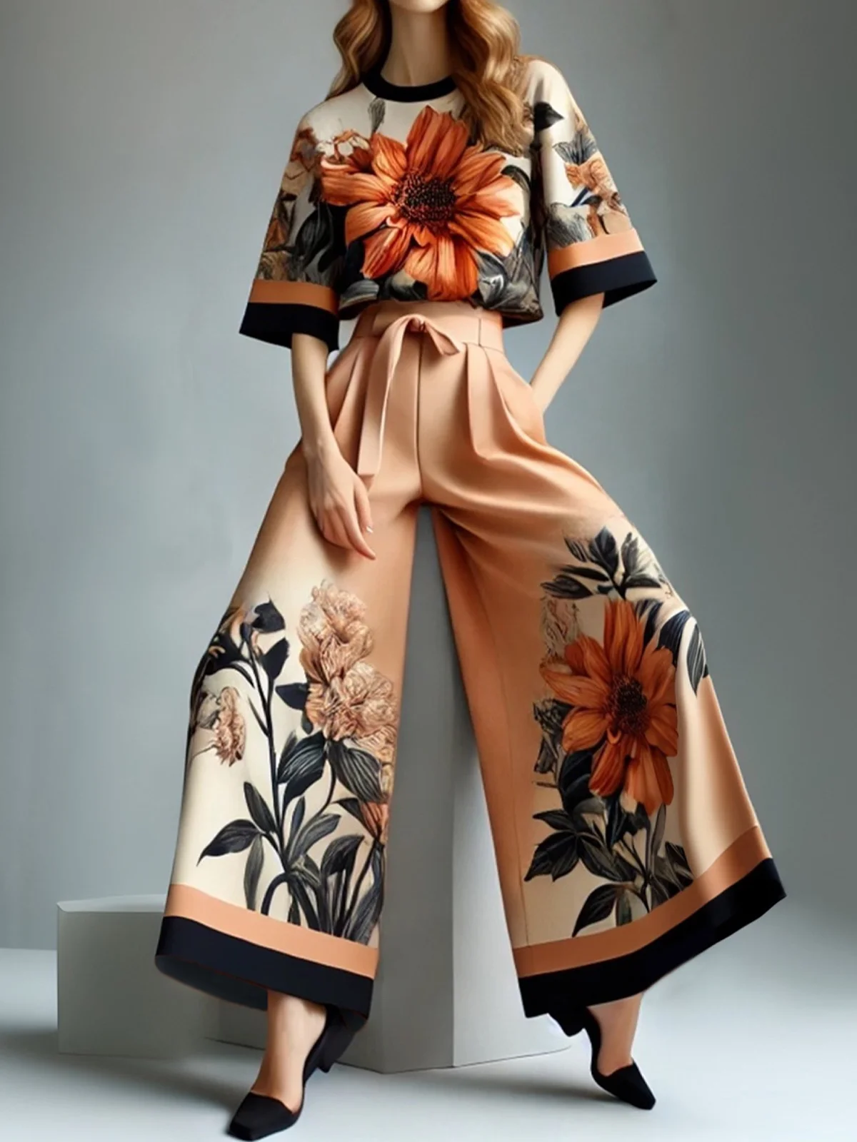 Casual Floral Loosen Wide Leg Pants