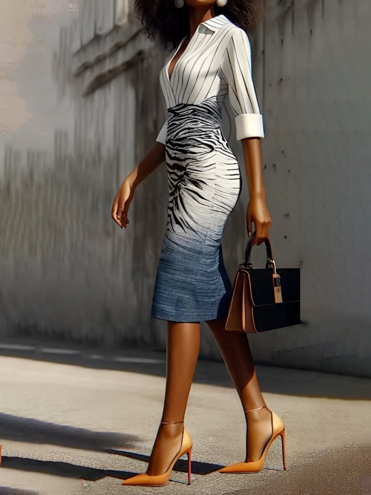 Urban Striped Shirt Collar Midi Dress