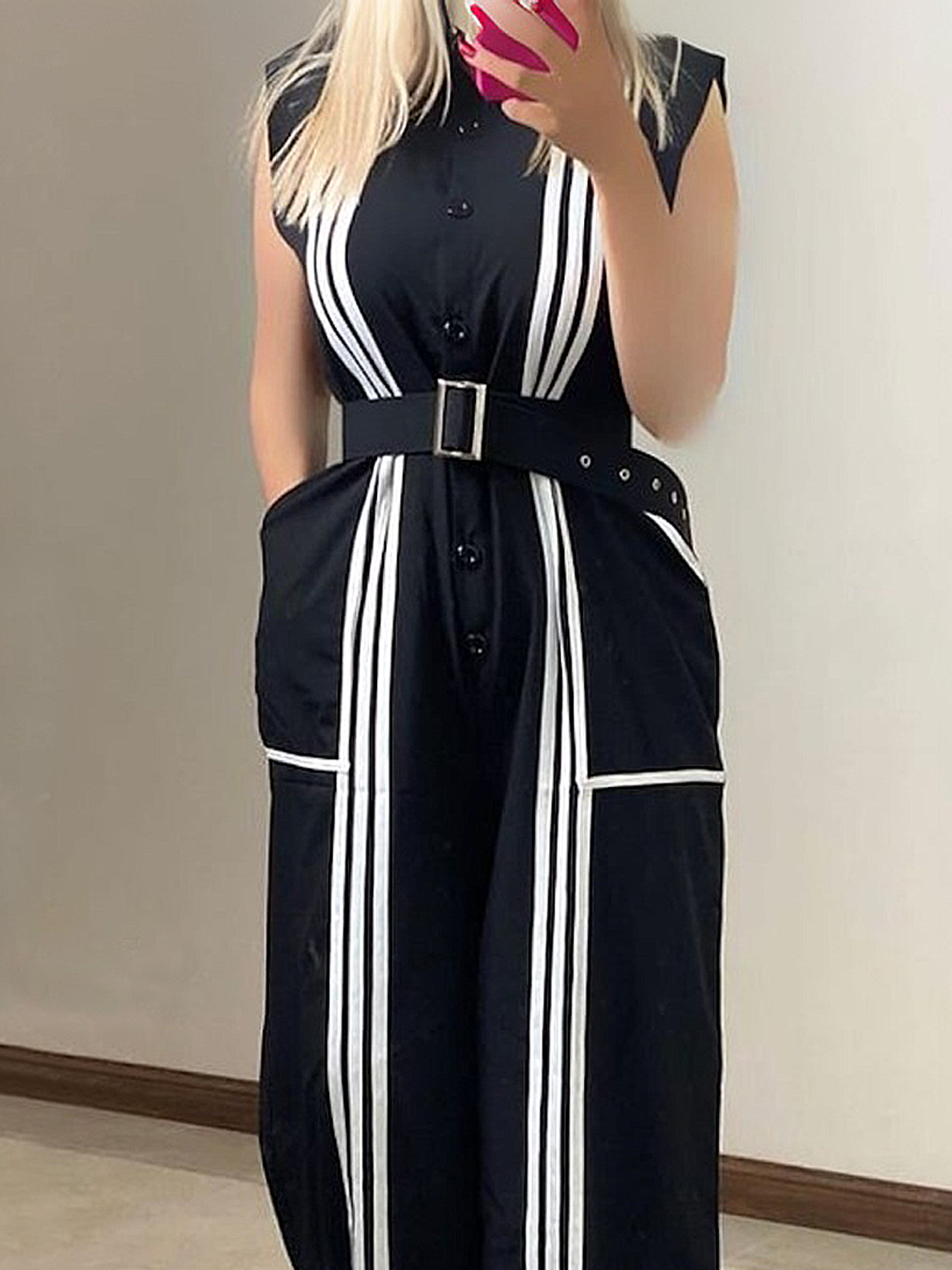 Casual Color Block Stand Collar Shirt Jumpsuit With Belt