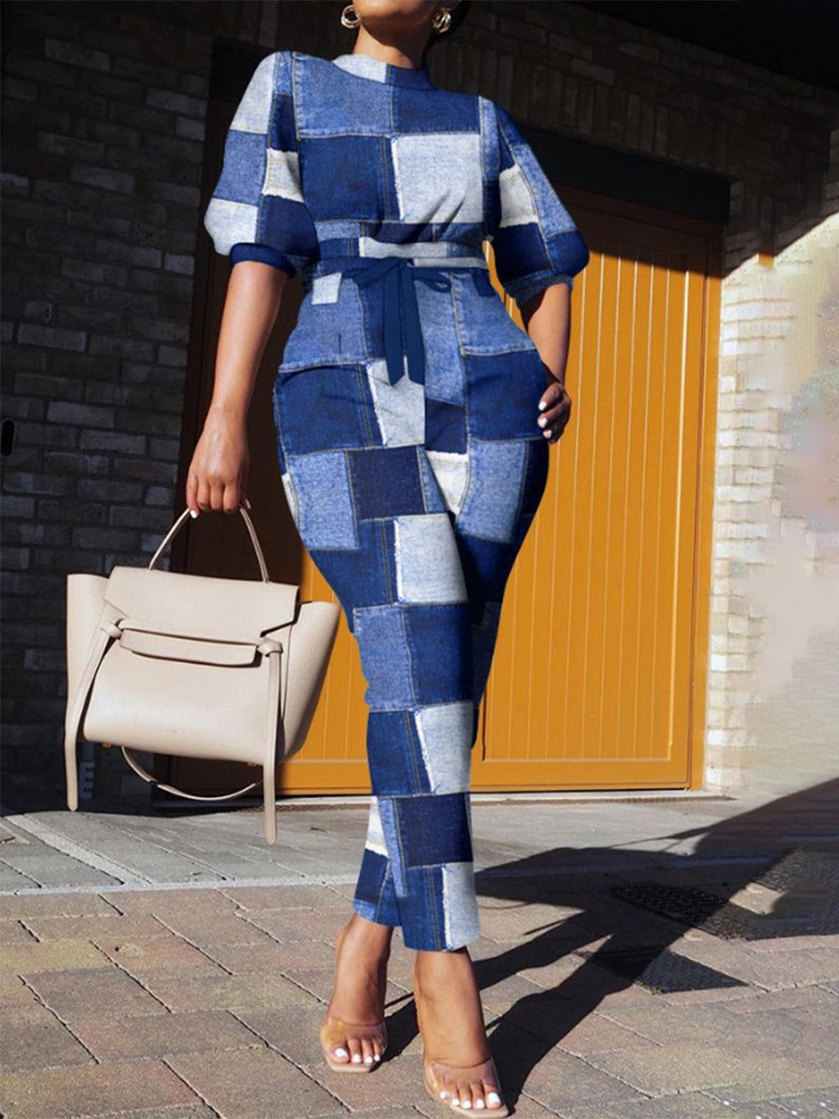 Casual Denim Print Graphic Stand Collar Jumpsuit With Belt