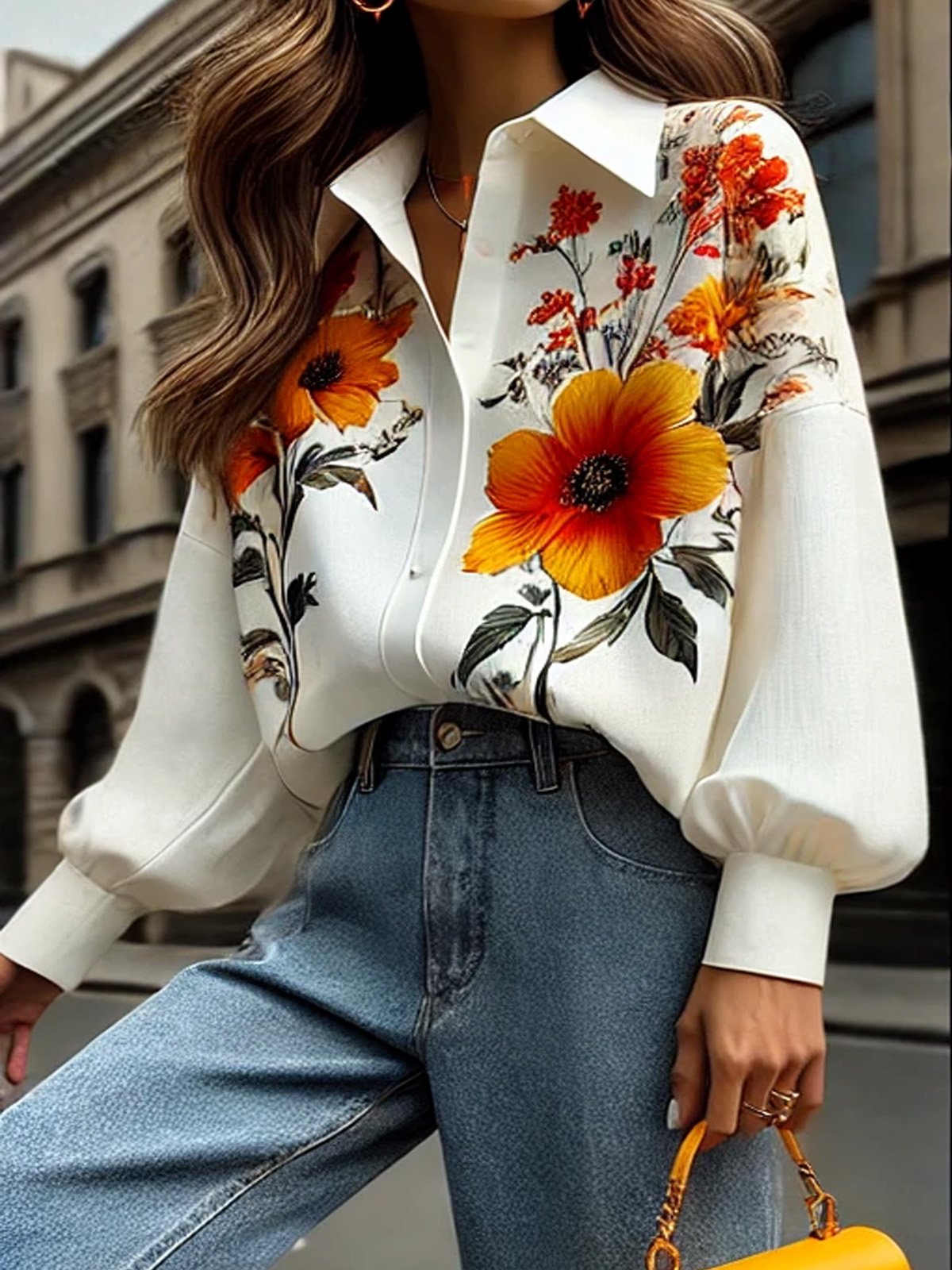 Urban Floral Printing Shirt Collar Balloon Sleeve Shirt